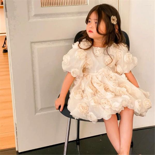 Vestidos de menina vestido flor adorável meia manga fofo tule renda decalque princesa bola primeira comunhão surpresa presente de aniversário