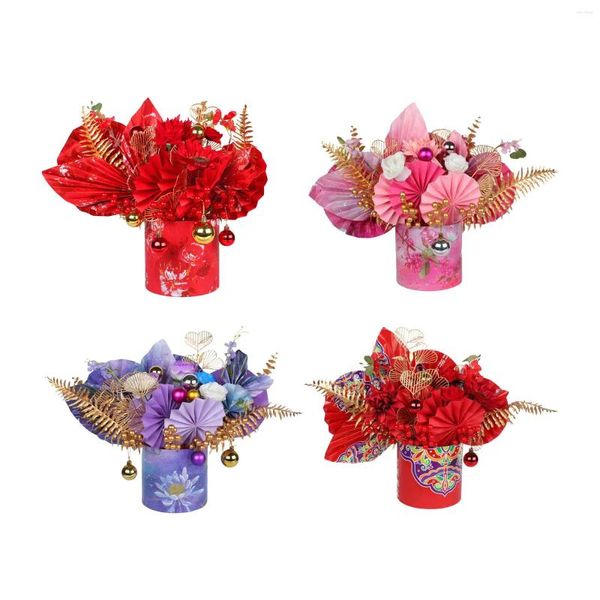 Flores decorativas ano chinês decoração primavera festival buquê artificial encantos feng shui flor bênção balde para decoração de casa