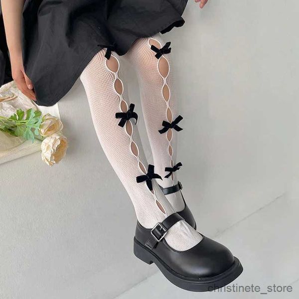 Crianças meias verão fino fishnet branco preto meia-calça collants 2023 coreano bonito novo arco oco rendas meninas meias para crianças crianças leggings r231204