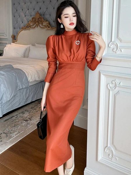 Vestidos casuais chique mulheres formal outono inverno laranja cinza puff manga alta cintura envoltório hip fenda vestido longo feminino escritório trabalho vestidos