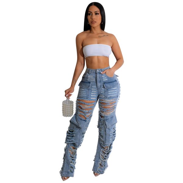 Designer rasgado jeans feminino oco para fora calças jeans azul cintura alta vintage solto calças retas streetwear bule roupas por atacado 10387