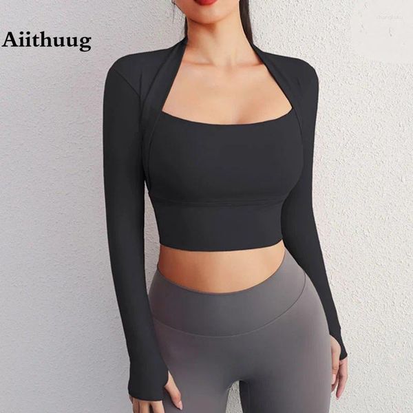 Camicie attive Aiithuug Spalla ad angolo retto Yoga Top Manica lunga Compressione da palestra Sport Crop Top Colture da allenamento Inserti imbottiti