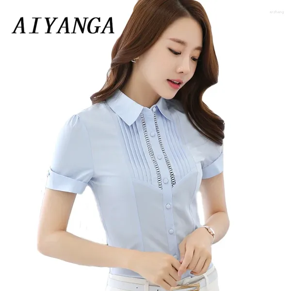Blusas femininas 2023 moda coreana turn-down manga curta magro camisa feminina ol blusas blusa escritório senhoras azul branco trabalho wear tops S-XXL