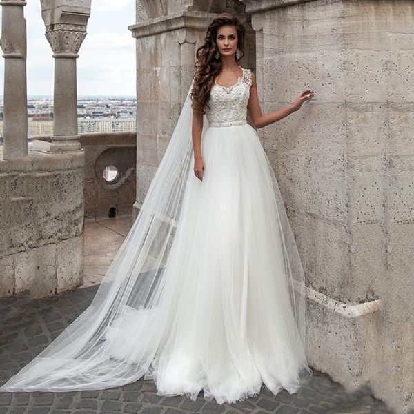 Abiti da sposa classici in tulle gioiello 2023 Sposa senza spalline Sweep Train A-Line pizzo fiocco applique da favola senza maniche