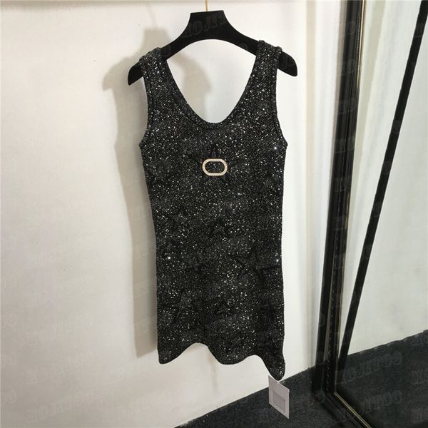 Lantejoulas malha estilingue vestidos para mulheres broche de luxo saias pretas charme senhoras festa vestido sem mangas