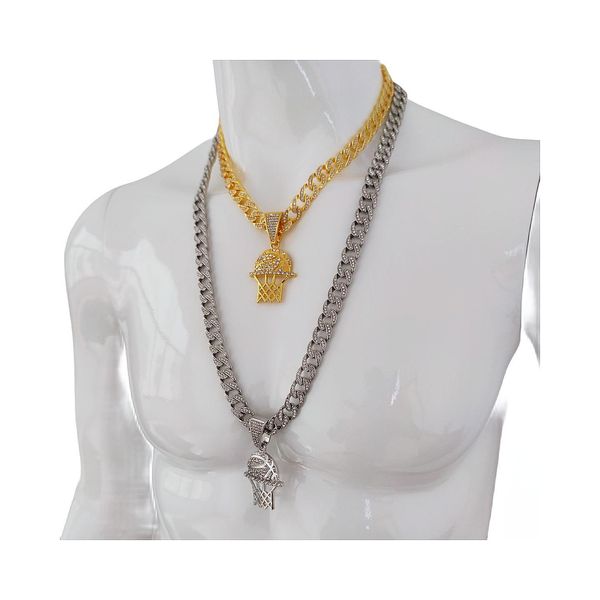 Ожерелье-подвеска с сетчатым шармом, баскетбольный шарм, ионное покрытие с имитацией бриллиантов, отделка кубинской тяжелой цепи, хип-хоп
