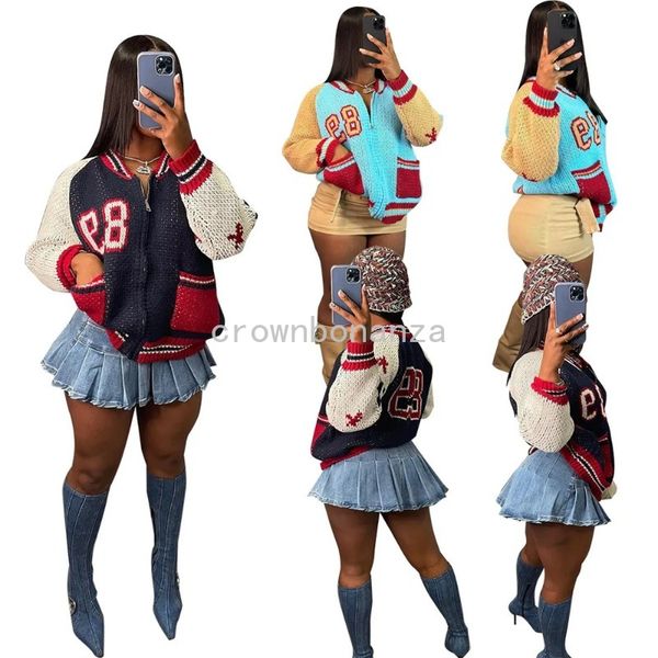 Designer de camisola de malha feminina outono inverno manga longa jaqueta de tricô casual uniforme de beisebol solto outerwear em massa roupas por atacado