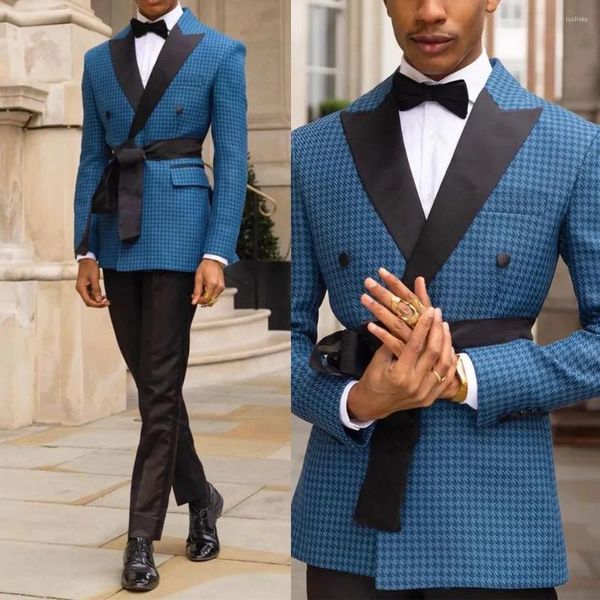 Ternos masculinos blazers azul houndstooth sob medida 2 peças blazer calças pretas smoking com cinto moderno negócios casamento noivo baile de formatura