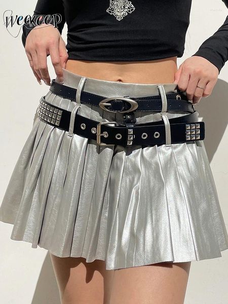 Юбки Weekeep Fairycore Плиссированная юбка с низкой посадкой в уличном стиле Серебристые женские вечерние кожаные мини-Повседневные винтажные наряды 90-х годов Эстетическая