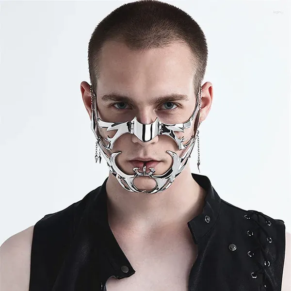 Fontes de festa moda máscara gótica cyber punk líquido irregular cor prata oco masculino/feminino máscaras de metal cosplay cabeça acessório baile