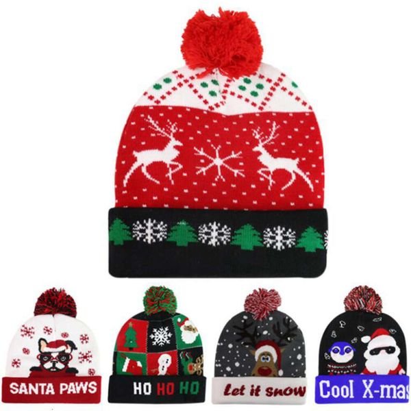 Шапки/шапки с черепом, 10 стилей, светодиодные рождественские вязаные шапки 23*21 см, детские зимние теплые шапочки для мам, оленей, Санта-Клауса, вязаные крючком Zza3338