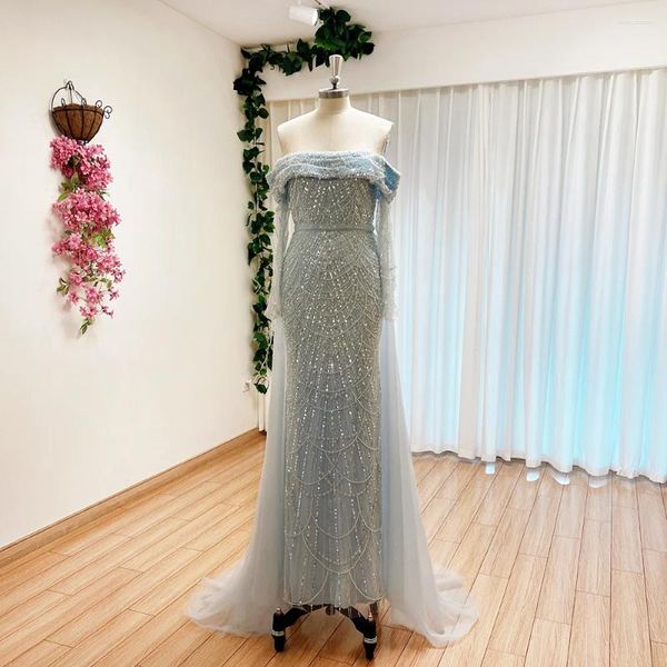 Partykleider Elegantes himmelblaues Meerjungfrau-Perlen-Abendkleid für Frauen 2023 mit langen Ärmeln und abnehmbarer Schleppe, formelle Abschlussball-Hochzeitskleider