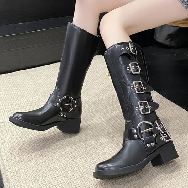 Stiefel Mode Schnalle Kniehohe für Frauen Winter 2023 Quadratische Absätze Western Lange Frau Schwarz Pu Leder Punk Gothic Booties 231204