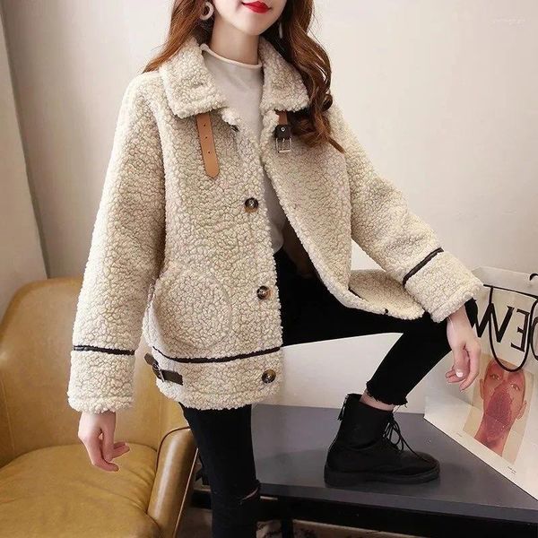 Jaquetas femininas Grande Cordeiro Fleece Cardigan Casaco Estilo Inverno Solto Suéter Engrossado Estudante Polo Top