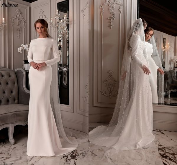 Longo sereia marfim cetim simples vestidos de casamento boho jardim mangas compridas sexy keyhole volta varredura trem vestidos de noiva elegante strass cinto robes de mariee cl3001