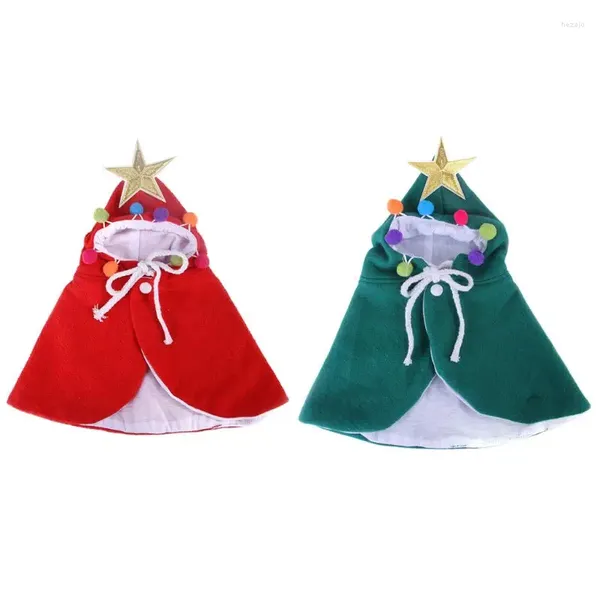 Trajes de gato Pet Christmas Costume Capa Capa com Capuz com Pompons Coloridos Decoração de Estrela Dourada