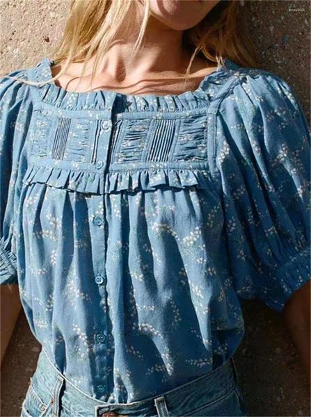 Camicette da donna Camicetta da donna con colletto quadrato stampato vintage floreale 2023 Camicia dolce stile pastorale da donna monopetto con maniche a sbuffo