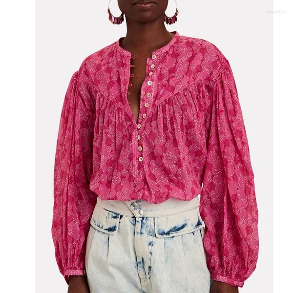 Blusas femininas boho inspirado rosa floral impresso camisa feminina botões com decote em v manga longa algodão senhoras elegantes topos moda blusa