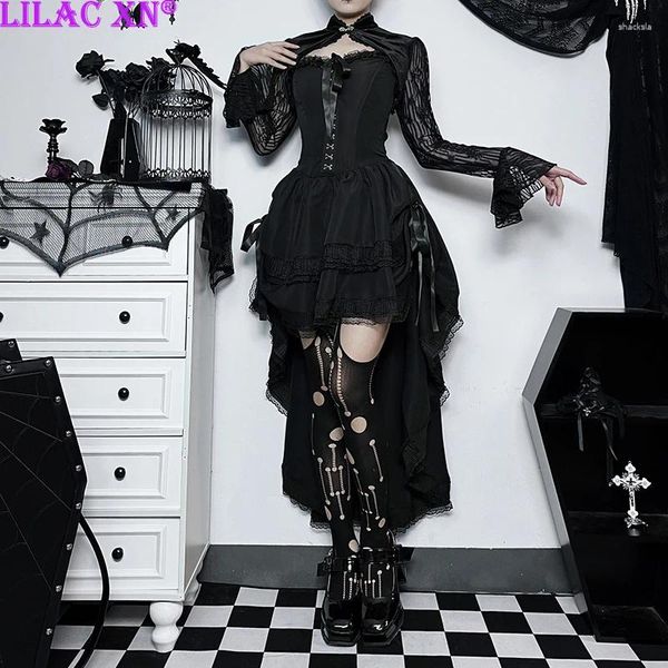 Vestidos casuales Goth Black Strapless Sirena Vestido de fiesta Vestidos Y2K Vintage Elegante Lace Trim Slim Lolita para mujeres Otoño Streetwear