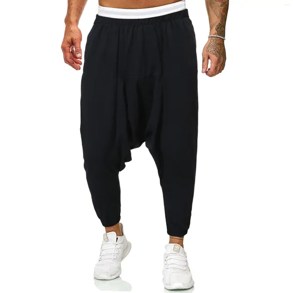 Calças masculinas 2023 homens linho cross-calças mens baggy harem sólido calças pretas masculino hiphop corredores homem streetwear pernas largas