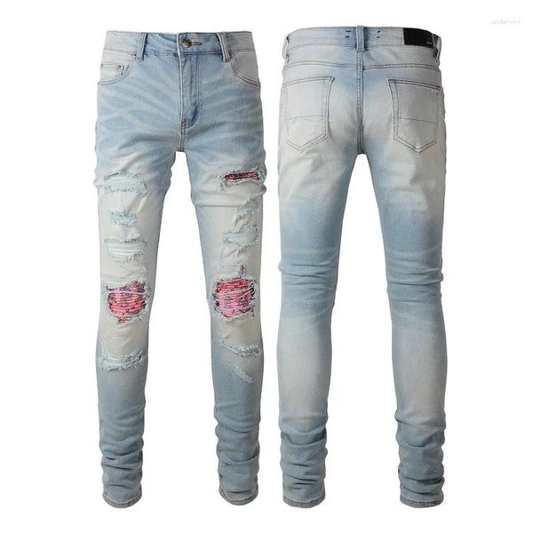 Erkekler kot pantolon açık mavi yırtık kot y2k hip hop sıska hasarlı yamalı delik sıkıntısı sıkıntılı yıkılmış sokak kıyafetleri