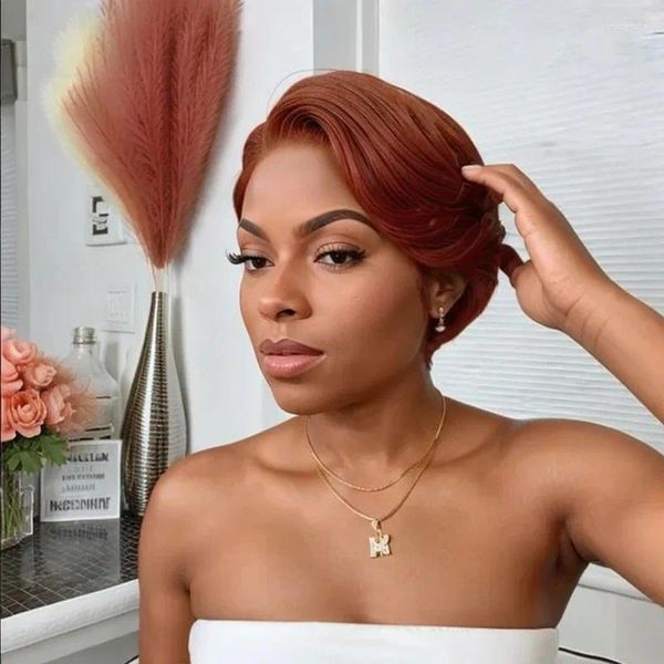 Luvkisshair Trendy Limited Design Limited Red Pixie Cut Human Human Human Lace Wig 180% pré -arrancada