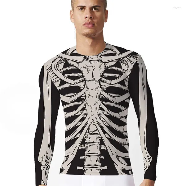 Herren T-Shirts Lustiges 3D-Skelett-Hemd Schwarz Weiß Karneval Halloween Cosplay Tops Langarm Slim Print Für Männer Frauen Unisex-Kleidung