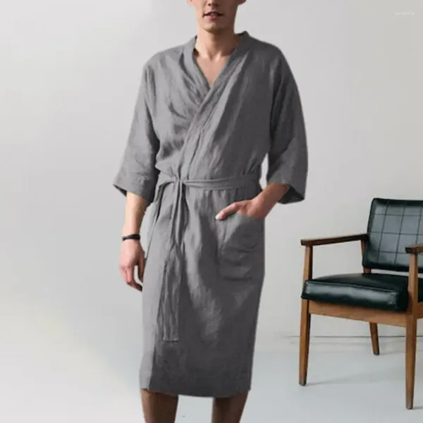 Homens sleepwear homens camisola banho robe macio super absorção de água rendas até cardigan três quartos mangas bolsos roupão solto