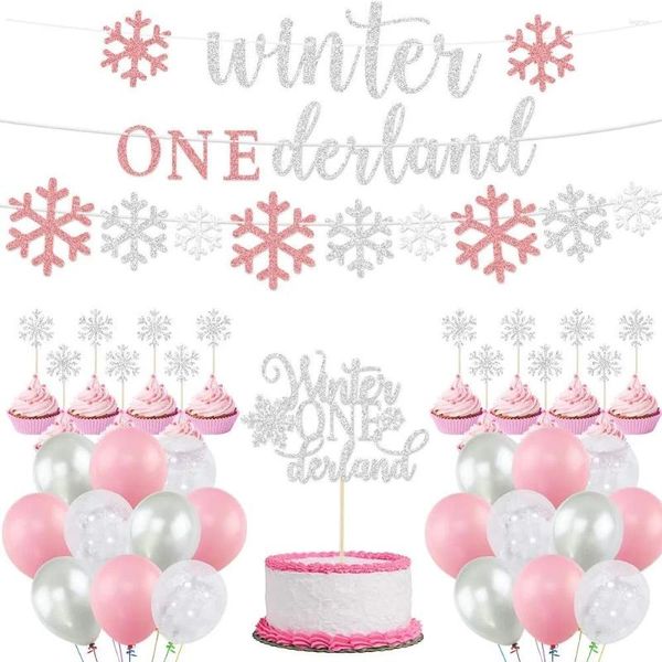 Decoração de festa meninas rosa prata 1º inverno onederland primeiro aniversário floco de neve balões guirlanda país das maravilhas decoração de chá de bebê