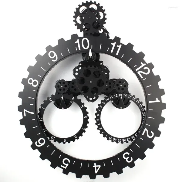 Настенные часы 3D Современные большие художественные часы с вращающейся шестерней Механическое колесо календаря Черный