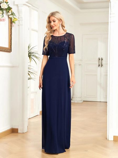 Abiti da festa XUIBOL Elegante maniche corte con paillettes Abito da sera formale Donne di lusso Chiffon Nero Sirena Matrimonio Maxi Prom