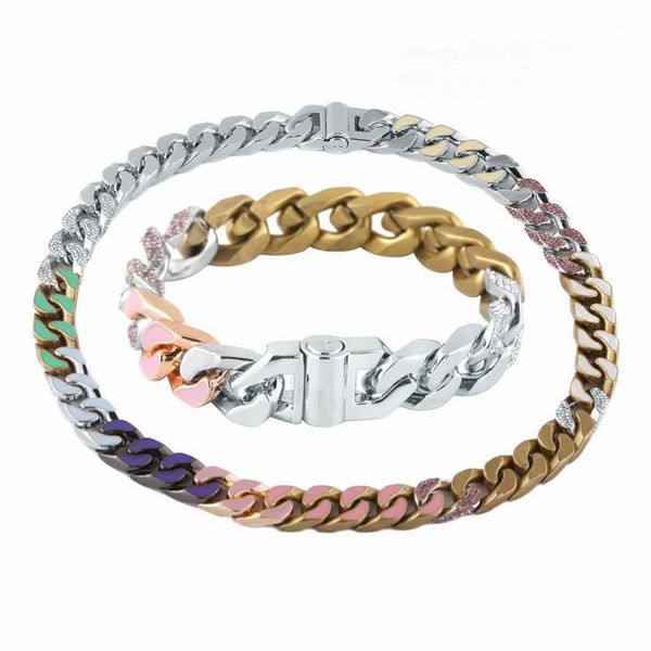 Europa America Moda Uomo Acciaio al titanio Iniziali V incise Smalto colorato Diamante Argento-Metallo Maglie a catena spessa Bracciale insaponato267A