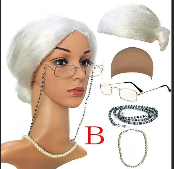 Brillenketten Alte Dame Cosplay Kostüm Set Oma Perückenkappe mit Webkappe Brillen Perlen Perlen Halskette Ohrring für Halloween Party 30 231204