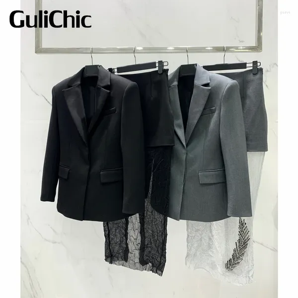 Рабочие платья 10,27 GuliChic, женский темпераментный однотонный тонкий шерстяной пиджак или комплект с юбкой с разрезом на спине и высокой талией, украшенный перьями и бисером