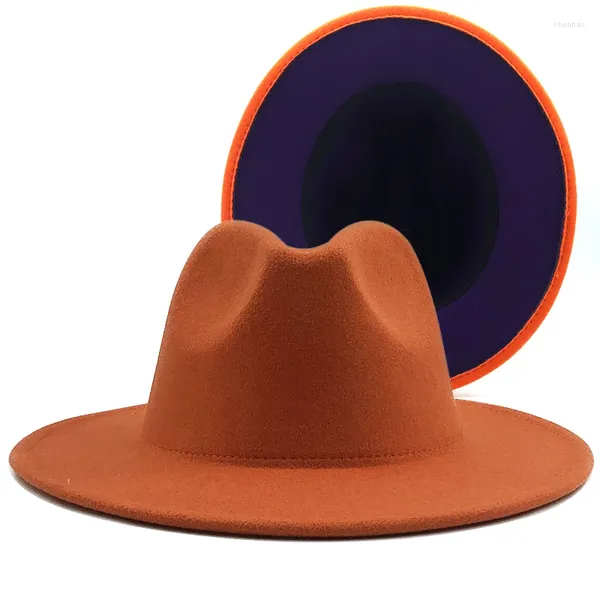 Berets Einfache äußere orange innere lila Wollfilz Jazz Fedora Hüte mit dünner Gürtelschnalle Männer Frauen breite Krempe Panama Trilby Cap 56-58 cm