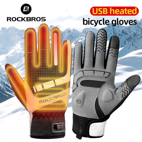 Luvas de ciclismo ROCKBROS Luvas aquecidas de ciclismo masculinas quentes para esqui USB Recarregável Luvas de motocicleta Dedo completo Luva térmica de inverno respirável 231204