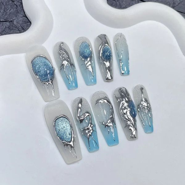 Künstliche Nägel Künstliche Nägel XXIU Pure Handmade Nails Press on Full Cover Professional Nails Cat's Eye Gemstone Blue Dimensions Metal Fake Nails 231204