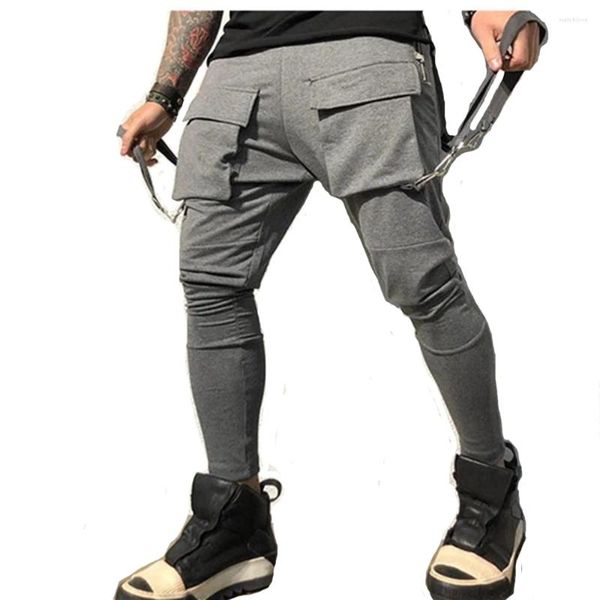 Calças masculinas hip hop calças de algodão sweatpants corredores corrente casual magro esporte treinamento cinza treino fitness grandes bolsos carga