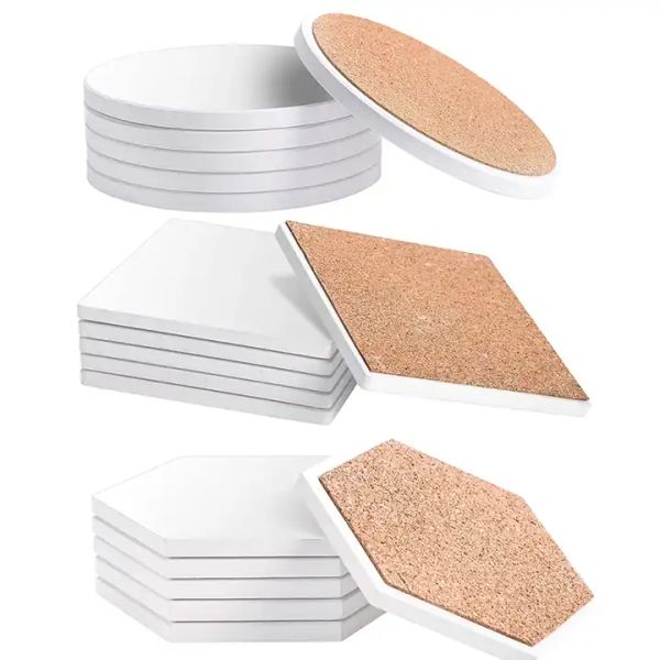 Sublimazione Sottobicchiere in ceramica assorbente vuoto con supporto in sughero Tappetino per tappetino Trasferimento termico di calore Sottobicchieri per tazze di immagini fai-da-te per decorare la casa Bere il sudore