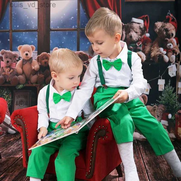Conjuntos de roupas Kid Boys Roupas Set Wear no Festival de Natal Aniversário Criança Camisa Branca de Mangas Compridas Calças Verdes Crianças Traje Completo T231204