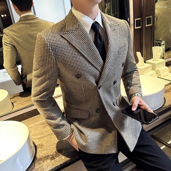 Ternos masculinos xadrez trespassado terno avançado senso de moda high-end bonito tudo-em-um lã engrossado casaco blazers casual