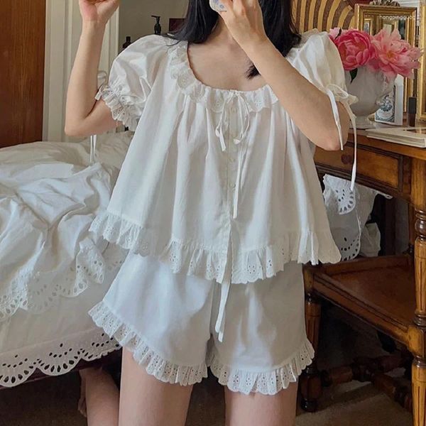 Damen-Nachtwäsche 2023 Vintage weiße Baumwoll-Shorts-Pyjama-Sets für Frauen zarte süße Anzüge Sommer-Mädchen-Nachtwäsche