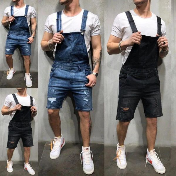 Erkekler Kotu Askı Denim Romper Yırtılmış İlkbahar Sonbahar 2023 Şort Vintage Cep Düz-bacak Playsuits