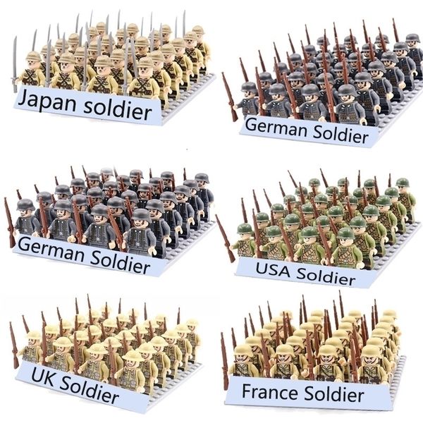 Soldado WW2 24pcs Soldado do Exército Militar Soviético EUA Reino Unido Alemão França Blocos de Construção Conjunto Modelo Tijolos Figuras de Ação Arma Brinquedos Crianças Presente 231202