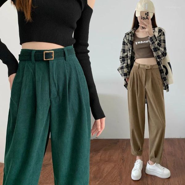 Pantaloni da donna Haren in velluto a coste vintage con cintura Pantaloni corsetto casual a vita alta Donna Primavera Autunno Moda Baggy Gamba larga