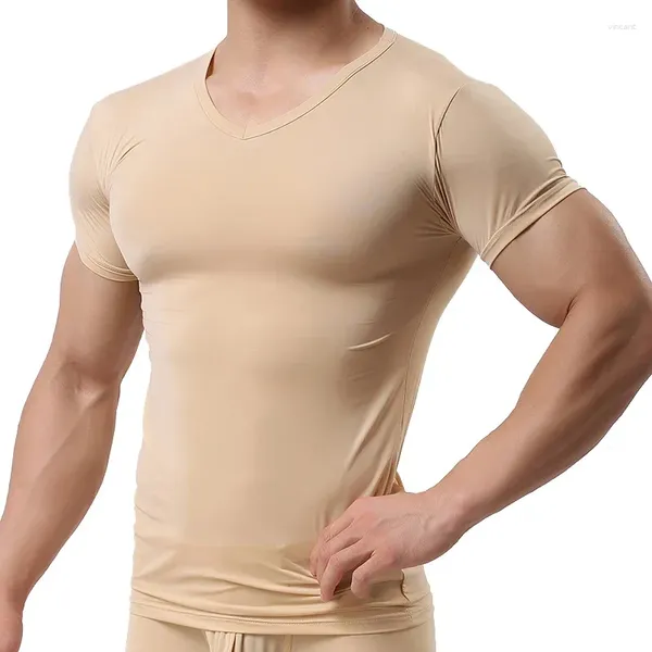 Ternos masculinos a2898 camiseta masculina de seda gelo camisetas masculinas de nylon com decote em v mangas curtas tops ultrafinos roupas de dormir legais