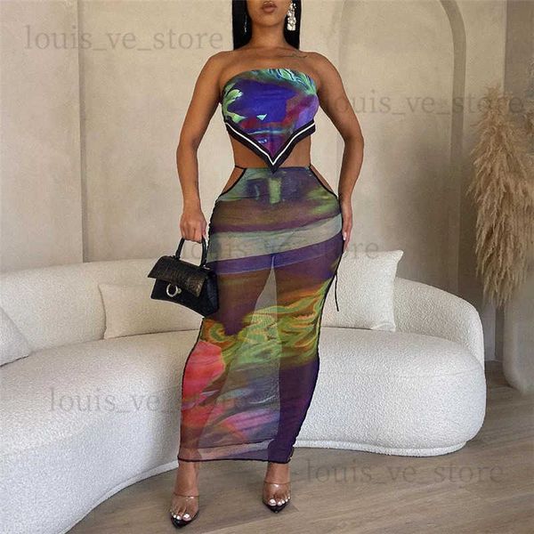 Vestido de duas peças verão impresso sheer malha duas peças conjunto mulheres sexy bandagem strapless colete colheita top oco out lace up bodycon maxi saias terno t231204