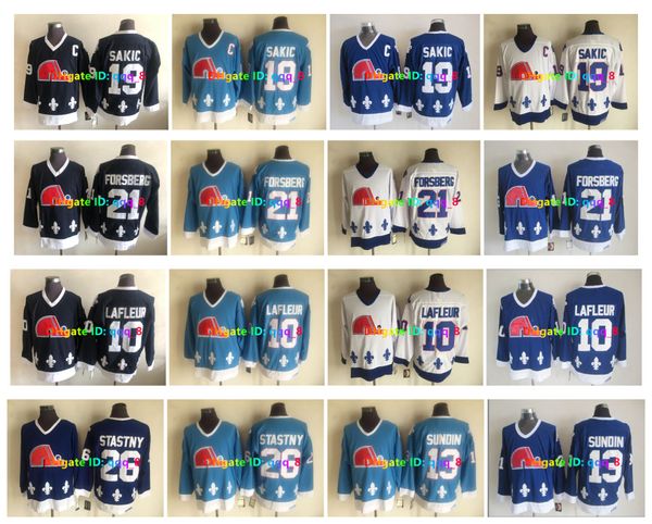 CCM Vintage Quebec Nordiques Hockey-Trikot 19 Joe Sakic 13 Mats Sundin 21 Peter Forsberg 10 Guy Lafleur 26 Peter Stastny Weiß Blau 100 % Nahtgröße M-XXXL