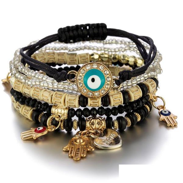 Charme Pulseiras Evil Eye Encantos Design de Moda Fatima Hamsa Mão Pulseira Bangles para Mulheres Mtilayer Trançado Handmade Homens Beads Jewe Dhvtq