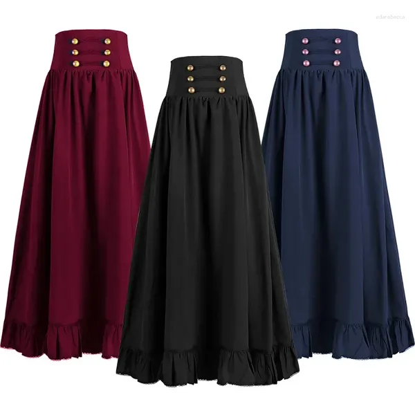 Юбки Средневековая ретро готическая плиссированная черная длинная юбка на шнуровке для элегантных женщин темно-синего цвета с высокой талией, большая распашная лоскутная юбка трапециевидной формы в готическом стиле